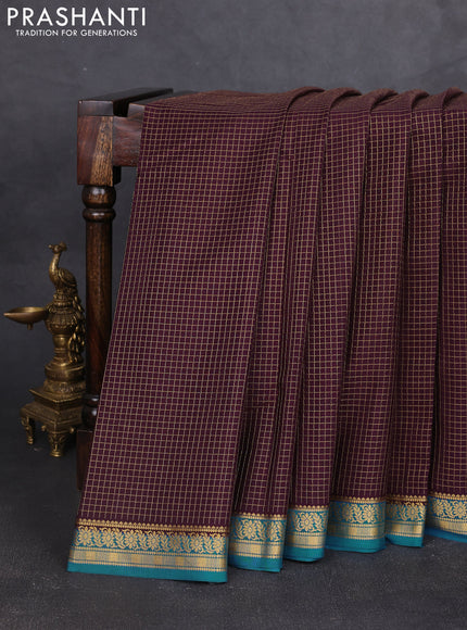 Pure mysore silk saree wine shade and peacock blue with allover small zari woven checked pattern and zari woven border