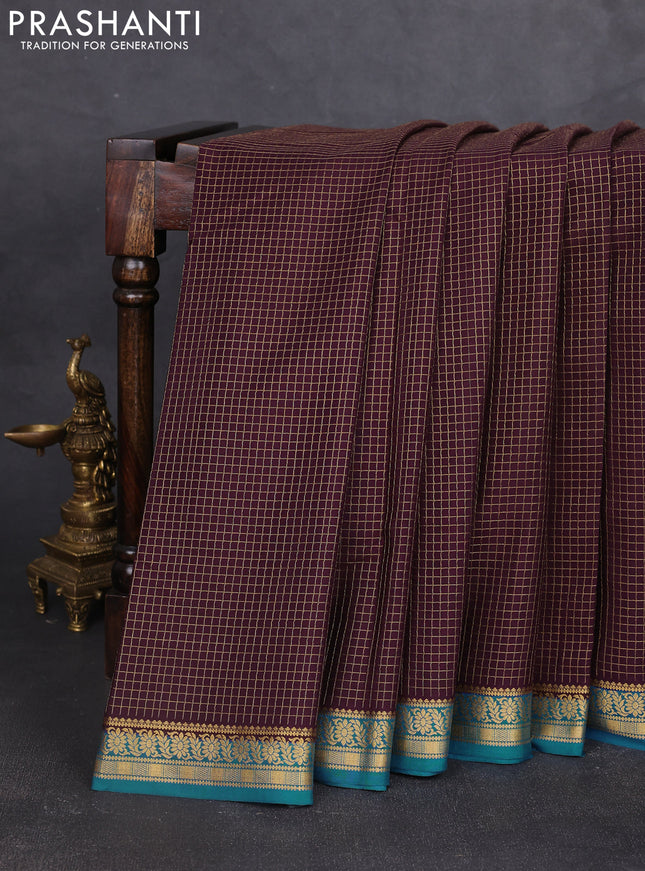 Pure mysore silk saree wine shade and peacock blue with allover small zari woven checked pattern and zari woven border