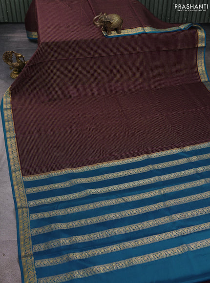 Pure mysore silk saree wine shade and peacock blue with allover small zari woven checked pattern and zari woven border