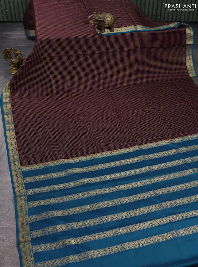 Pure mysore silk saree wine shade and peacock blue with allover small zari woven checked pattern and zari woven border