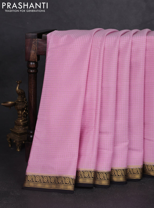Pure mysore silk saree light pink and black with allover small zari woven checked pattern and zari woven border
