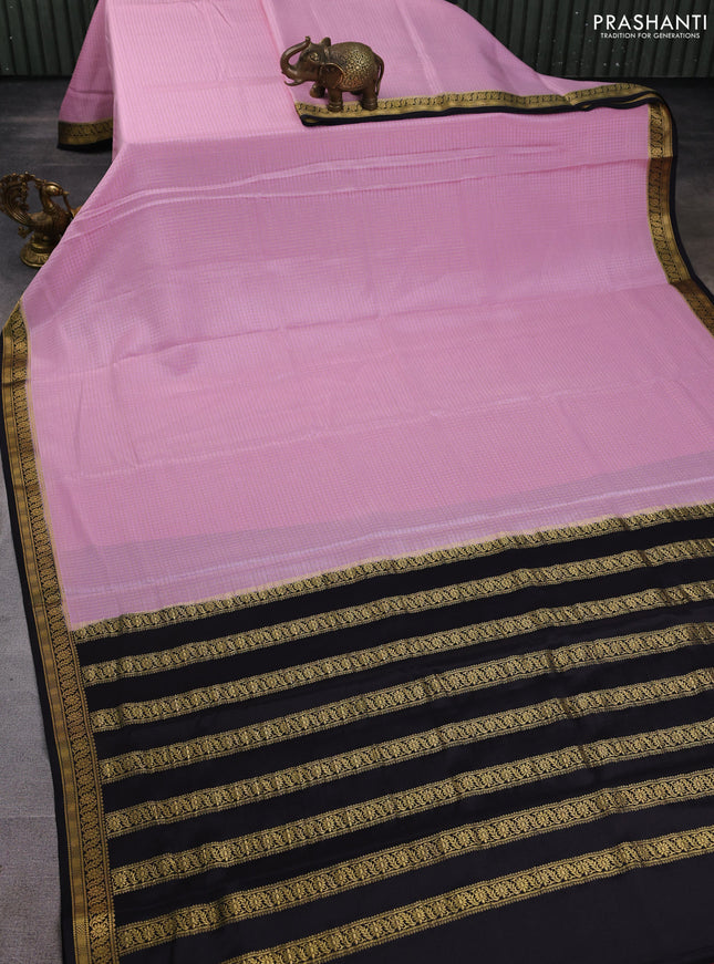 Pure mysore silk saree light pink and black with allover small zari woven checked pattern and zari woven border