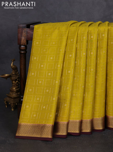 Pure mysore silk saree lime yellow and coffee brown with allover zari woven geometric buttas and zari woven border