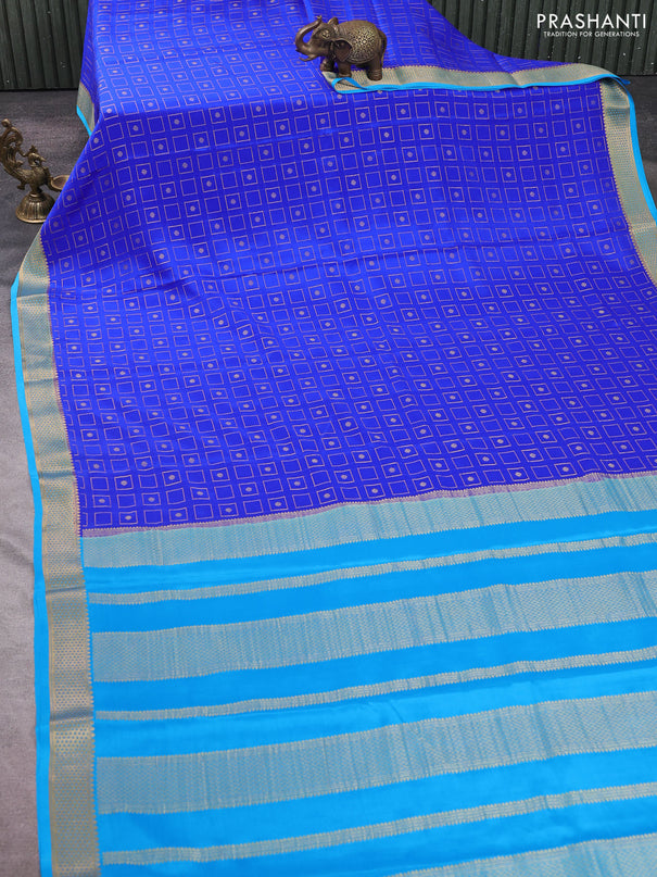 Pure mysore silk saree royal blue and cs blue with allover zari woven geometric buttas and zari woven border