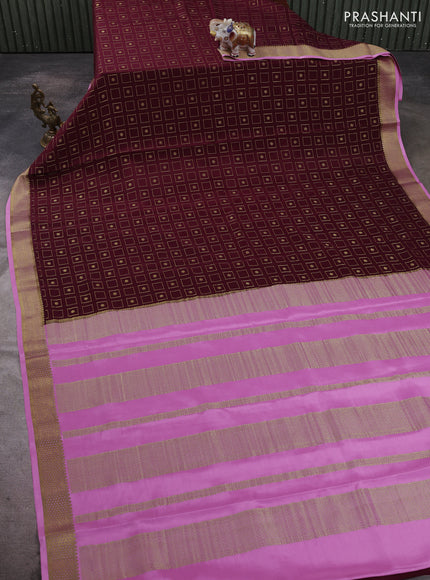 Pure mysore silk saree wine shade and light pink with allover zari woven geometric buttas and zari woven border
