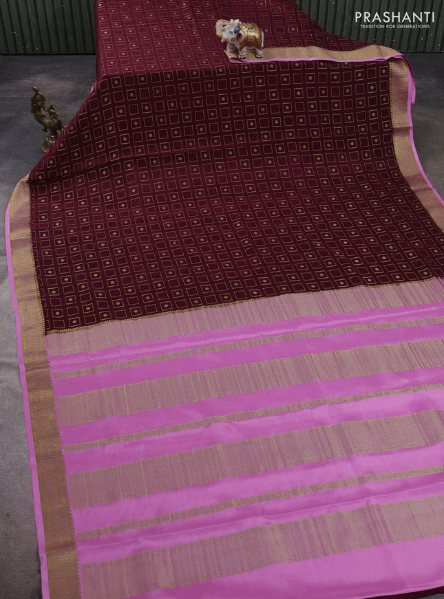 Pure mysore silk saree wine shade and light pink with allover zari woven geometric buttas and zari woven border