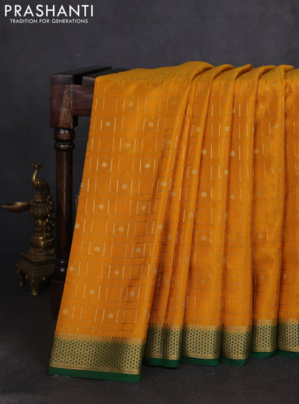 Pure mysore silk saree mustard yellow and green with allover zari woven geometric buttas and zari woven border