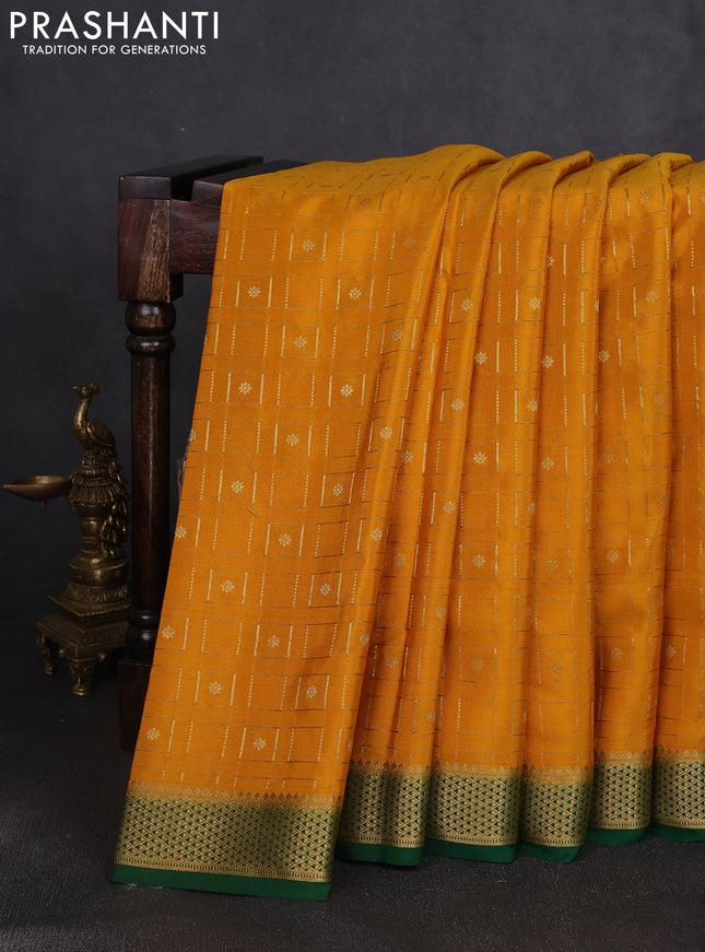 Pure mysore silk saree mustard yellow and green with allover zari woven geometric buttas and zari woven border