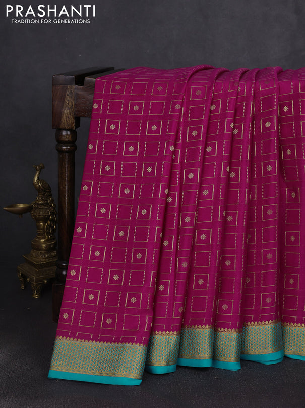 Pure mysore silk saree pink and teal blue with allover zari woven geometric buttas and zari woven border