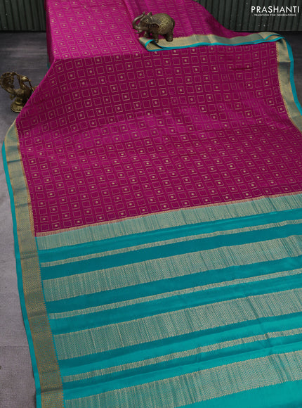 Pure mysore silk saree pink and teal blue with allover zari woven geometric buttas and zari woven border