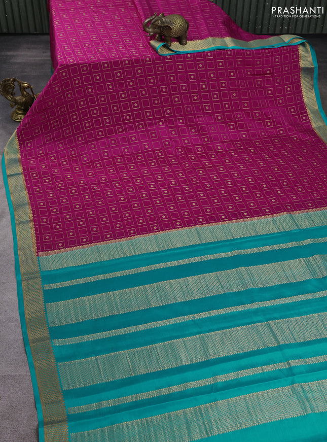 Pure mysore silk saree pink and teal blue with allover zari woven geometric buttas and zari woven border
