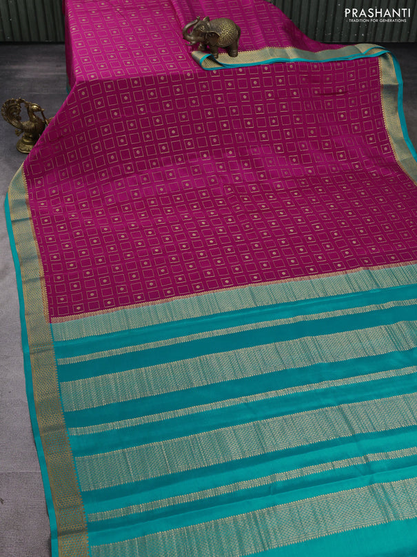 Pure mysore silk saree pink and teal blue with allover zari woven geometric buttas and zari woven border