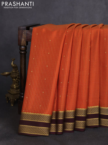 Pure mysore silk saree rust shade and coffee brown with allover small zari checks & buttas and rettapet zari woven border
