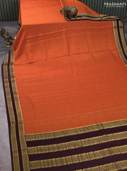 Pure mysore silk saree rust shade and coffee brown with allover small zari checks & buttas and rettapet zari woven border