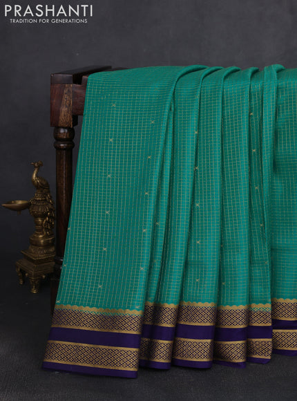 Pure mysore silk saree teal green and blue with allover small zari checks & buttas and rettapet zari woven border