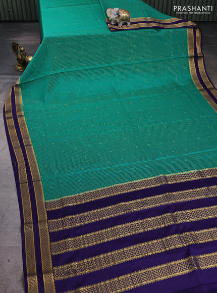 Pure mysore silk saree teal green and blue with allover small zari checks & buttas and rettapet zari woven border