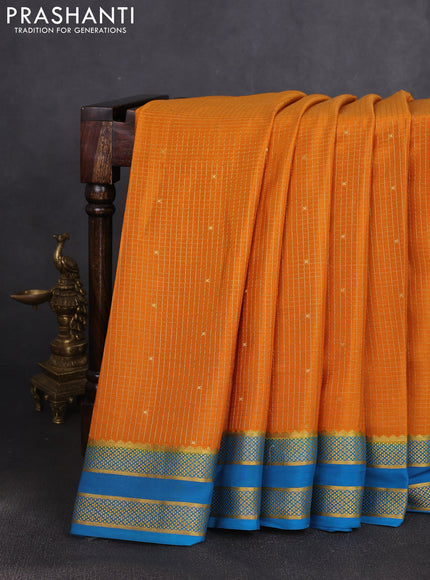 Pure mysore silk saree dark mustard and peacock blue with allover small zari checks & buttas and rettapet zari woven border