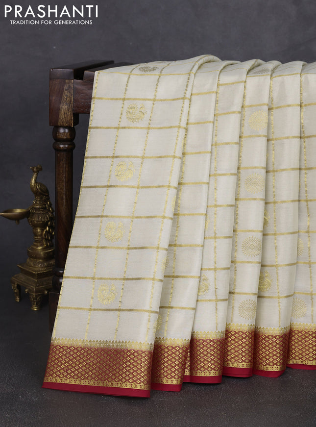 Pure mysore silk saree cream and red with allover zari checks & buttas and zari woven border