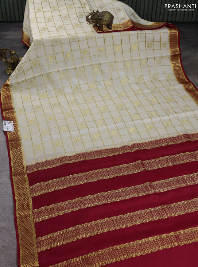 Pure mysore silk saree cream and red with allover zari checks & buttas and zari woven border