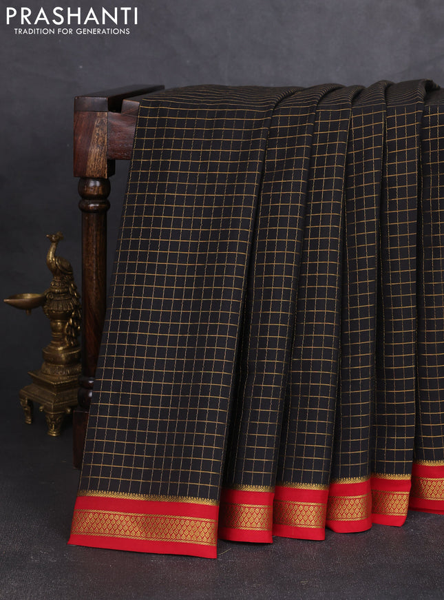 Pure mysore silk saree black and red with allover zari woven checked pattern and zari woven border