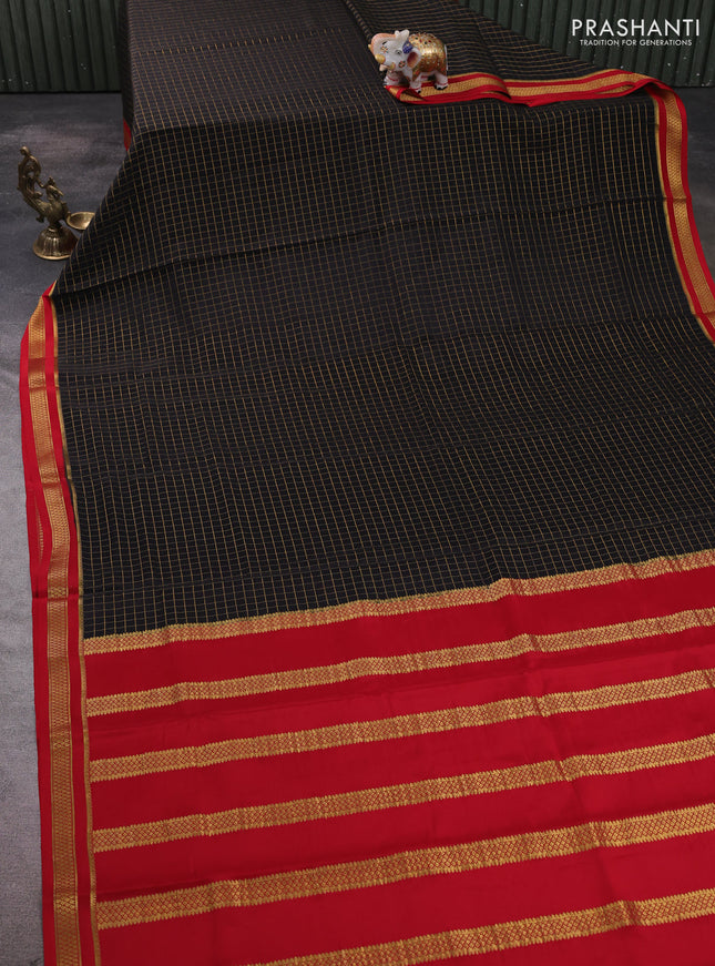 Pure mysore silk saree black and red with allover zari woven checked pattern and zari woven border