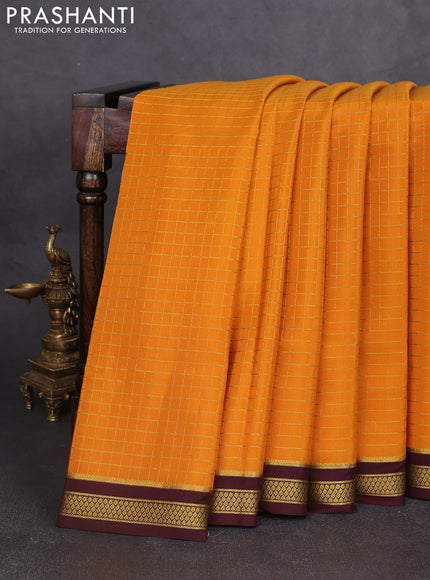 Pure mysore silk saree mustard yellow and coffee brown with allover zari woven checked pattern and zari woven border