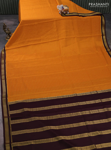 Pure mysore silk saree mustard yellow and coffee brown with allover zari woven checked pattern and zari woven border