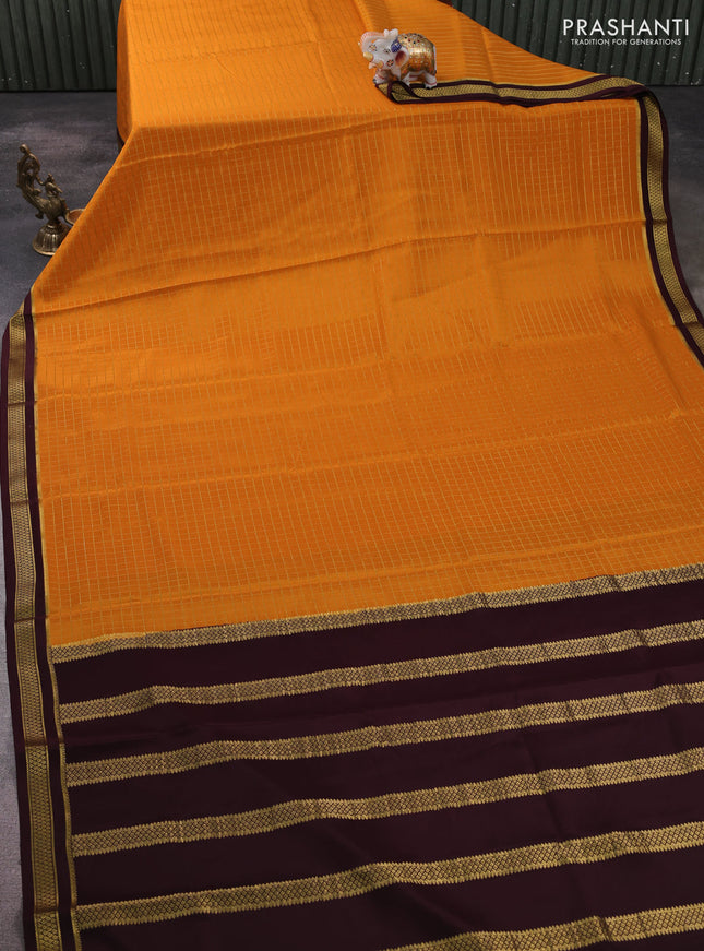 Pure mysore silk saree mustard yellow and coffee brown with allover zari woven checked pattern and zari woven border