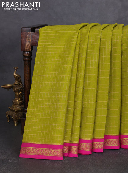 Pure mysore silk saree mehendi green and pink with allover zari woven checked pattern and zari woven border