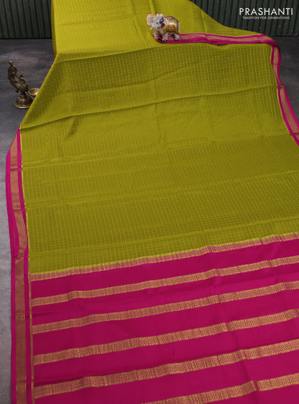 Pure mysore silk saree mehendi green and pink with allover zari woven checked pattern and zari woven border