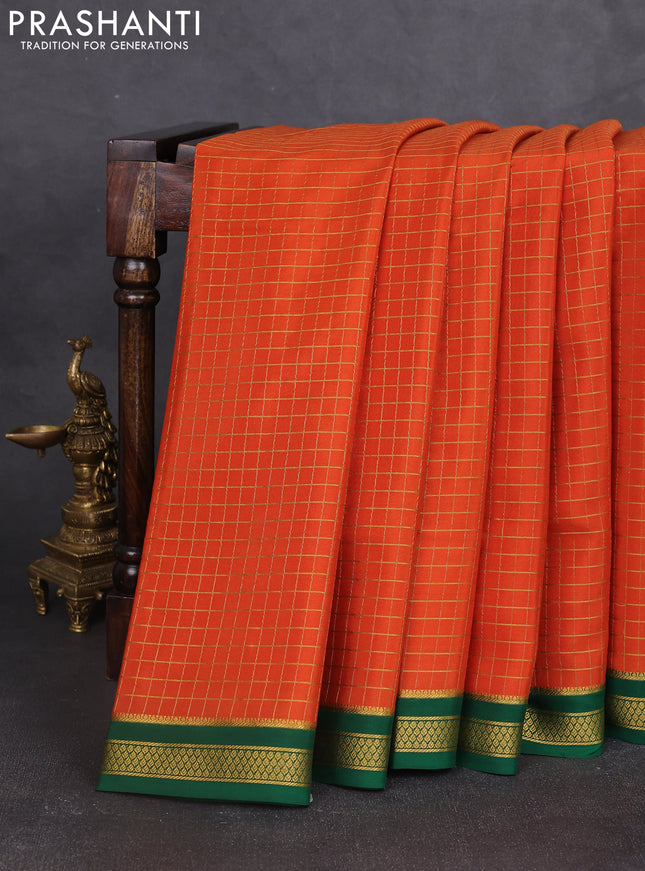 Pure mysore silk saree orange and green with allover zari woven checked pattern and zari woven border