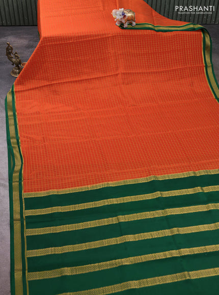 Pure mysore silk saree orange and green with allover zari woven checked pattern and zari woven border