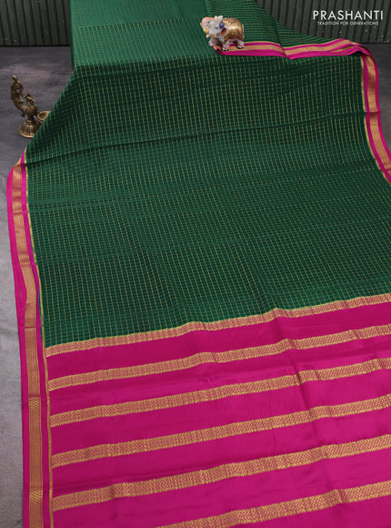 Pure mysore silk saree bottle green and pink with allover zari woven checked pattern and zari woven border