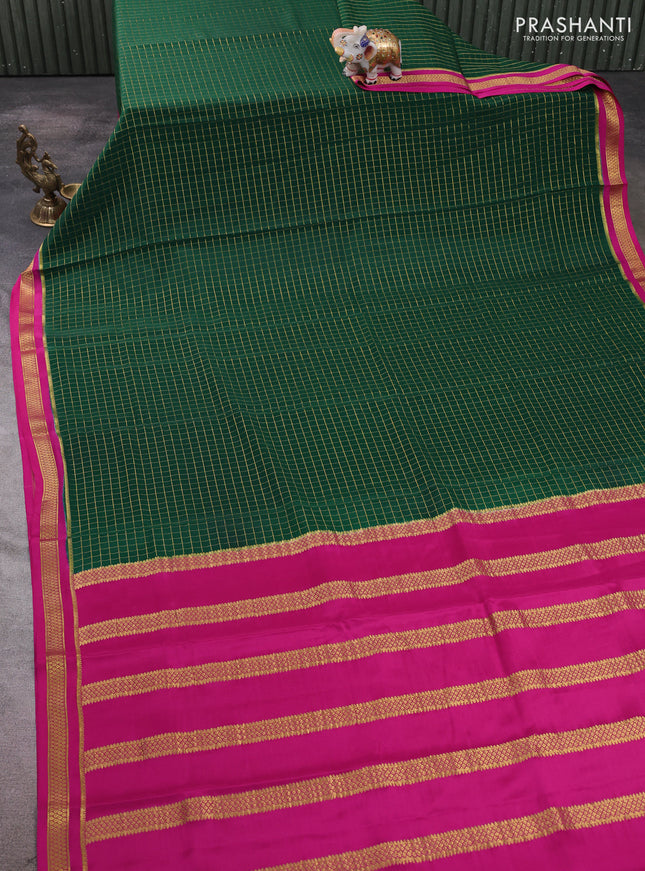 Pure mysore silk saree bottle green and pink with allover zari woven checked pattern and zari woven border