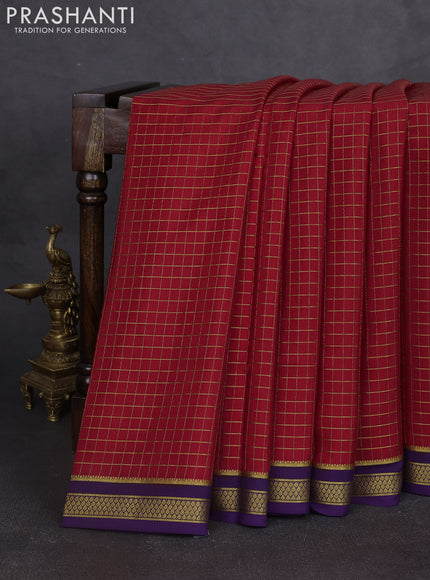Pure mysore silk saree red and deep violet with allover zari woven checked pattern and zari woven border