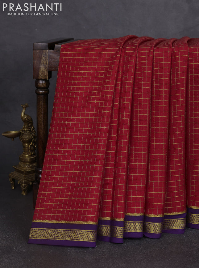 Pure mysore silk saree red and deep violet with allover zari woven checked pattern and zari woven border