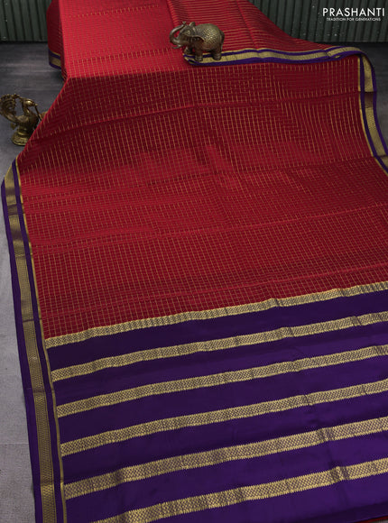 Pure mysore silk saree red and deep violet with allover zari woven checked pattern and zari woven border