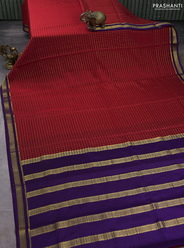 Pure mysore silk saree red and deep violet with allover zari woven checked pattern and zari woven border
