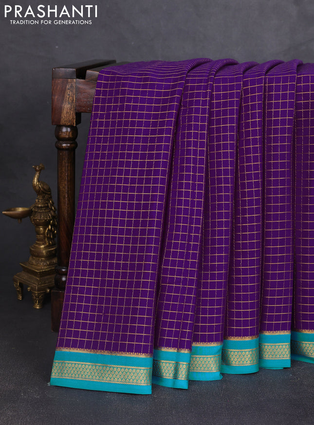 Pure mysore silk saree violet and teal blue with allover zari woven checked pattern and zari woven border