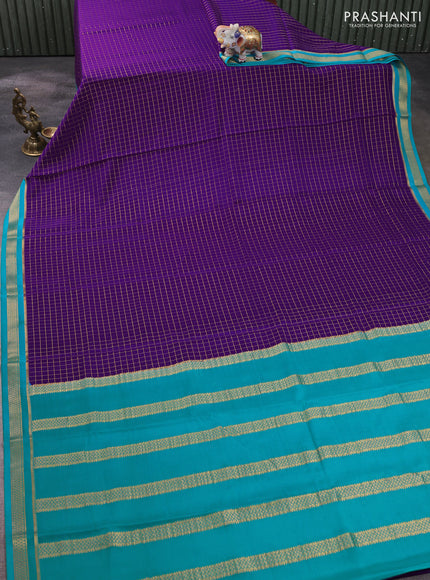 Pure mysore silk saree violet and teal blue with allover zari woven checked pattern and zari woven border
