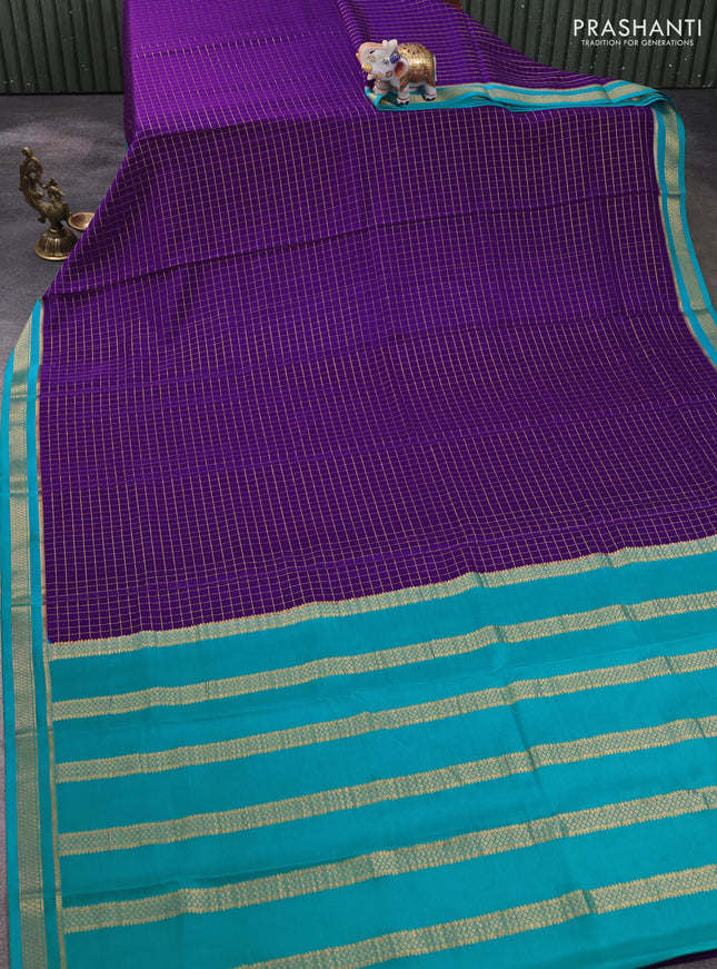 Pure mysore silk saree violet and teal blue with allover zari woven checked pattern and zari woven border