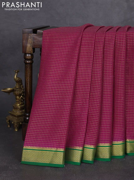 Pure mysore silk saree magenta pink and green with allover small zari woven checked pattern and zari woven border