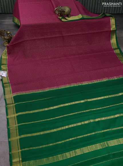 Pure mysore silk saree magenta pink and green with allover small zari woven checked pattern and zari woven border