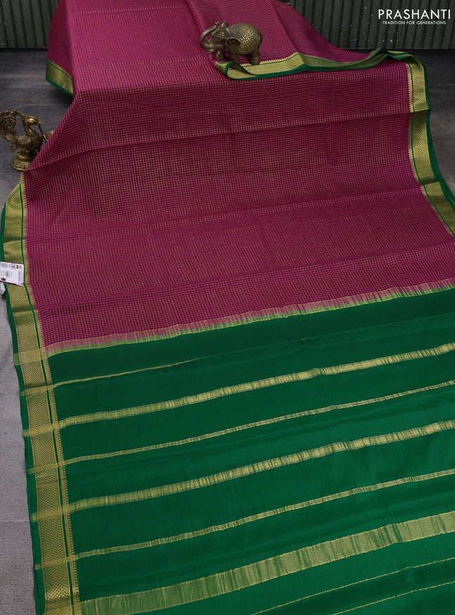 Pure mysore silk saree magenta pink and green with allover small zari woven checked pattern and zari woven border