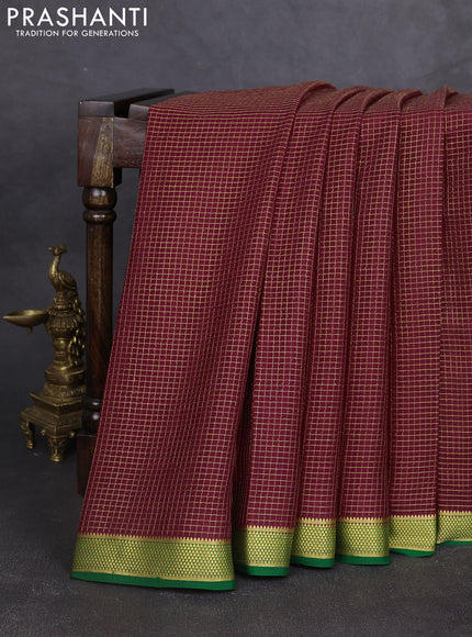 Pure mysore silk saree maroon and green with allover small zari woven checked pattern and zari woven border