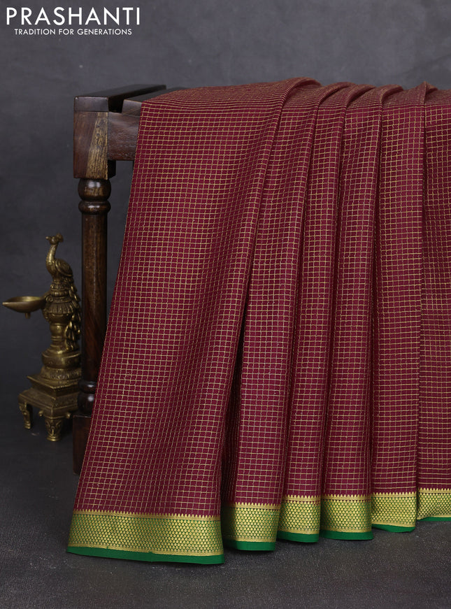 Pure mysore silk saree maroon and green with allover small zari woven checked pattern and zari woven border