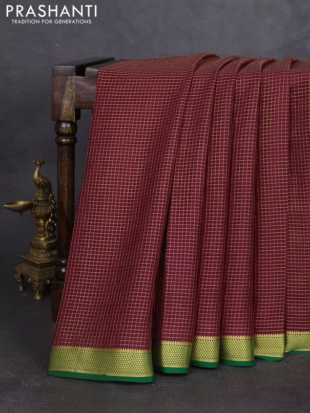 Pure mysore silk saree maroon and green with allover small zari woven checked pattern and zari woven border