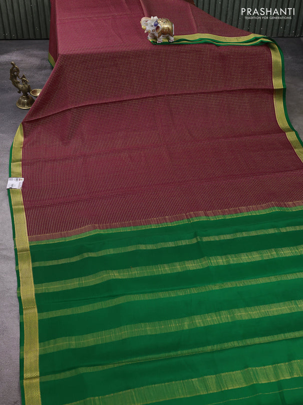 Pure mysore silk saree maroon and green with allover small zari woven checked pattern and zari woven border