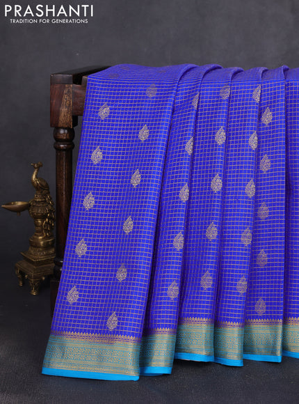 Pure mysore silk saree royal blue and teal blue with allover small zari checks & buttas and zari woven border