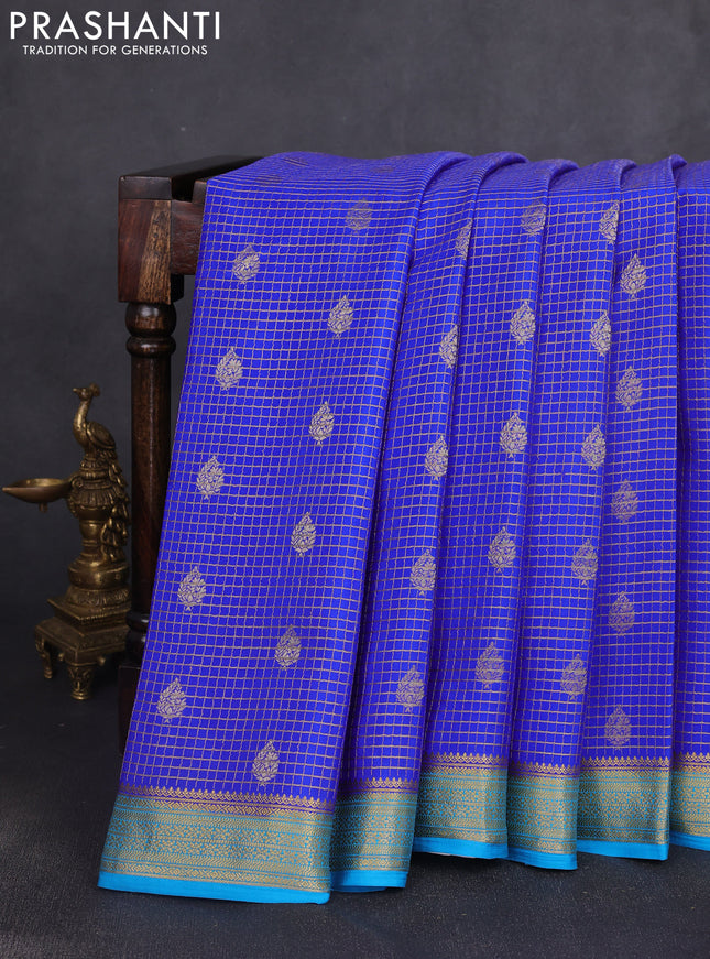 Pure mysore silk saree royal blue and teal blue with allover small zari checks & buttas and zari woven border